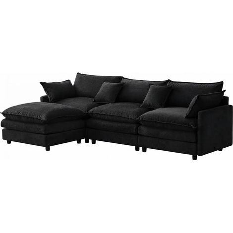 ELVMI Sofá de esquina modular de 3 plazas con puf móvil y cojines con muelles ensacados de chenilla negro (1/5)
