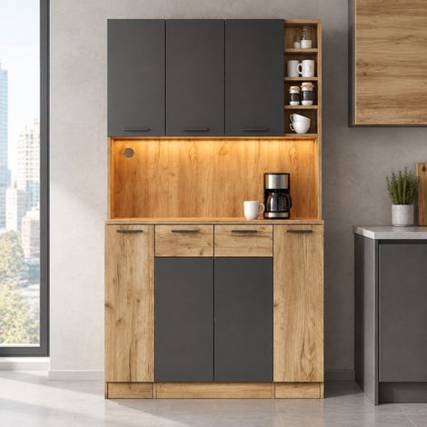 Küchenhochschrank 100/40/180 cm in Schwarz und Naturholzoptik mit LED und Steckdosen (1/5)