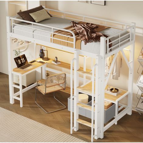 Cama alta 90 x 200 cm de metal y MDF con escritorio, estantes, cajones y LED, blanca (1/5)
