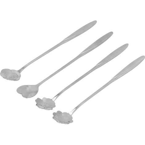 Cuillère à fleurs en inox, lot de 4 longues cuillères à glace dorées forme sakura et cœur, cuillère à café argentée (coffret en cuir) (1/5)