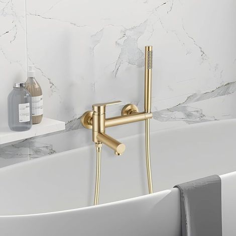 Mitigeur Baignoire Mural Doré Brossé Robinet 2 Fonctions Monocommande de Douche avec Douchette Baignoire bec Rotatif à 90° Acier Inoxydable