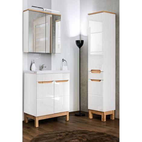 Badmöbel Set mit 60cm Waschtisch & Spiegelschrank und Hochschrank SOLNA-56 in Hochglanz weiß, B/H/T ca.: 110/200/46 cm (1/5)