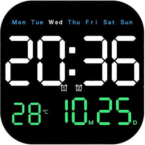 Digitale Wanduhr mit Temperatur-, Datums- und Wochentagsanzeige, elektronische Tischuhr (12/24 Stunden), LED-Wandwecker mit Fernbedienung, A (1/5)