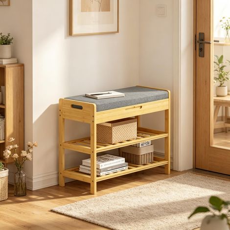 Banc à chaussures avec assise moelleuse, rangement d'angle et compartiment caché – Étagère à chaussures pratique pour entrée (1/4)