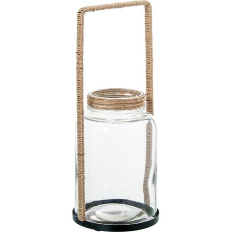 Photophore avec poignée en Verre et Corde en Transparent et Naturel 13 x 13 x 33 cm (1/3)