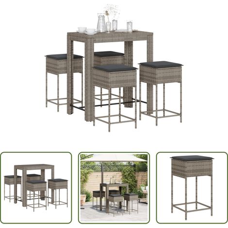 vidaXL Barre de jardin gris - Ensemble de bar de jardin 5 pcs avec coussins gris poly rotin (1/5)