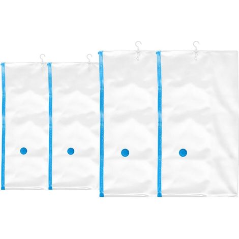 Relaxdays Sacs sous vide à suspendre, pour vêtements, lot de 4, 2 tailles, crochets, valve à aspirer, transparent - bleu (1/5)