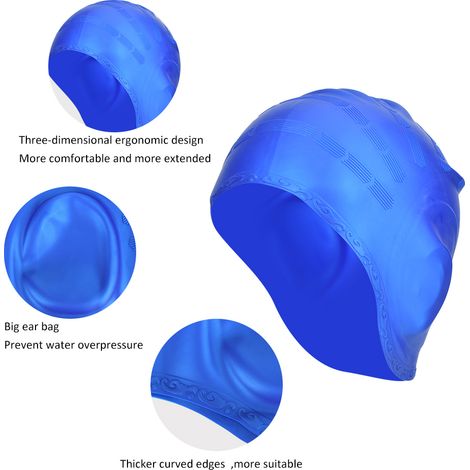 1 Bonnet de Bain en Silicone Élastique avec Protection Oreilles pour Cheveux Longs, Confortable pour Natation Sportive - Bleu