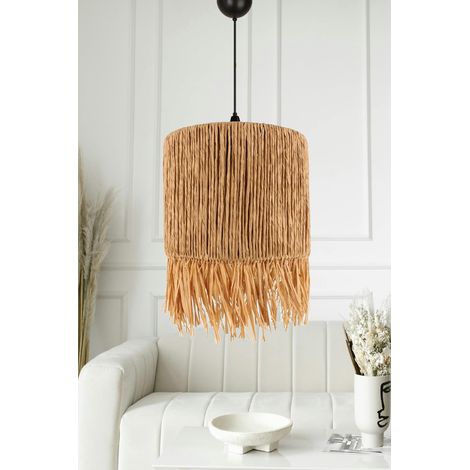 Lustre en chêne avec hauteur réglable 25-67 cm, corps en plastique et capuchon en jute, diamètre 25 cm, max. 40 W ampoule E27 non incluse - Éclairage pour les espaces (1/3)