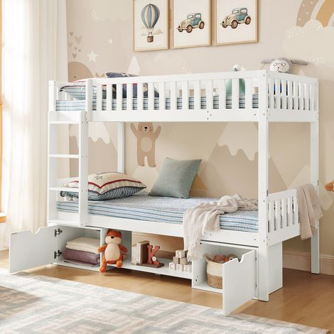 Lit enfant, pin massif, lits superposés, 90×200 cm, transformable en 2 lits simples, avec barrières et tiroirs, échelle, blanc (matelas non inclus).