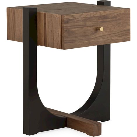 Table de chevet noyer et noir mate bois d'orme et métal élégant - noyer foncé et noir mate (1/5)