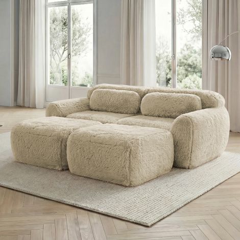 Modulares Sofa 204x179x73 cm aus hellbeigem Stoff, 2 Ottomanen, montagefrei – MEUBLIV (1/5)