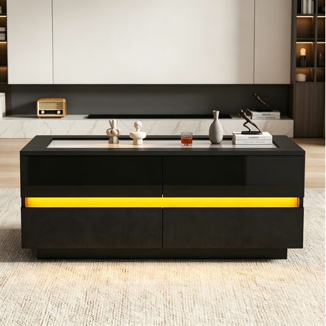 Table basse en panneau de particules, 100x50x40 cm, noire, 4 tiroirs et LED (1/5)