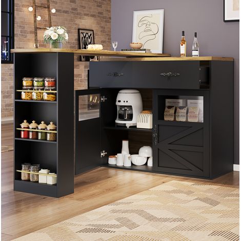 Ausziehbarer Bartisch mit Stauraum, 138-204 x 39 x 104 cm, 360° drehbar, MDF schwarz HAVRYA (1/5)