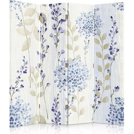 Paravent élégant à motifs floraux bleus pour intérieurs - 145 x 180 cm - 2 faces R° V°