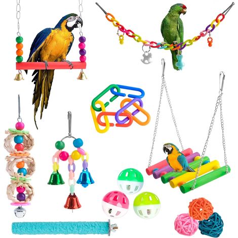 Lot de 13 Jouets pour oiseaux, Balançoires en bois, Cloches métalliques, Perchoirs naturels, Pour perroquets et perruches (1/5)