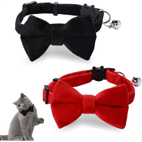 HONORNIC - Ensemble de deux colliers pour chat en velours avec nœud papillon et clochette, réglables.