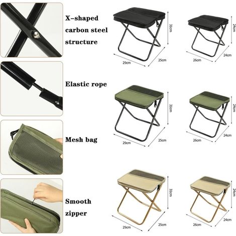 Tabouret pliant portable JeiibrZui - Charge maximale de 120 kg - Outil compact idéal pour le camping, la pêche et la randonnée - Noir (1/5)
