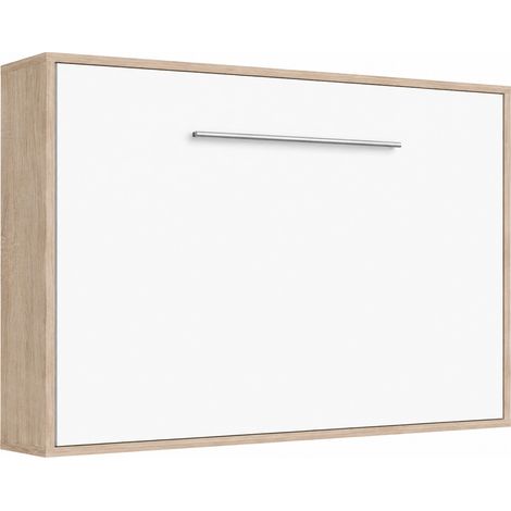 Lit escamotable horizontal avec étagères intérieures BIBLO - Poignée acier brossé 89cm Sans matelas Chêne clair-160x200-Cadre Chêne clair-Façade Blanche (1/5)