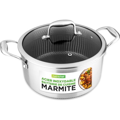 Faitout Inox 5L avec Couvercle en Verre – Revêtement Antiadhésif, Cuisson Triply, Motif Antirayures Nid d’Abeille (1/5)