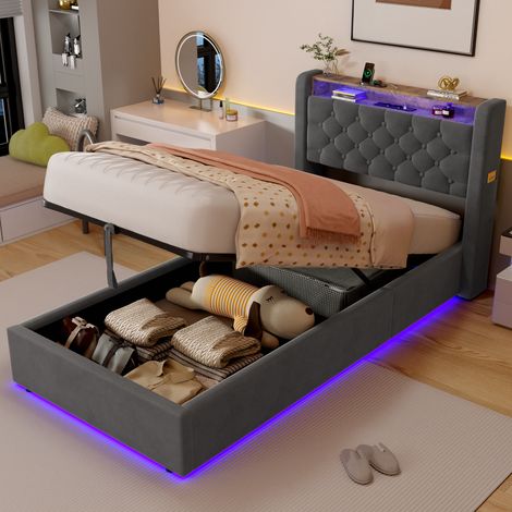 Cama con canapé 90×200 cm - Iluminación LED - Cabecero con almacenamiento y puertos USB - Somier de lamas - Terciopelo - Gris (1/5)