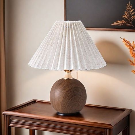 Lampe de Chevet avec Abat-Jour Plissé, 3 Couleurs de Lumière ou Lumière Chaude, Lampe de Table pour Chambre, Noyer, Lumière chaude + Abat-jour en lin (1/5)