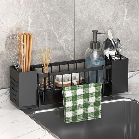 Organizzatore da cucina multifunzionale - Portaoggetti per lavello con porta spugna, porta posate e scolapiatti, 33,5 x 7,8 x 10,5 cm, plastica resistente (1 pezzo) (nero) (1/5)