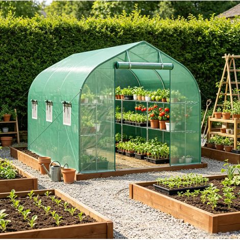Serra tunnel da giardino con ripiani, porta e 6 finestre, acciaio zincato, verde OKMYHOME (1/5)
