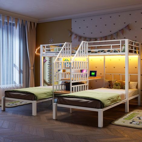 Lit superposé 90 x 200 cm, 3 couchages, avec bande lumineuse LED, échelle intégrée avec espace de rangement, 2 ports USB + 1 prise électrique, avec bureau et étagère, sans matelas, blanc (1/5)