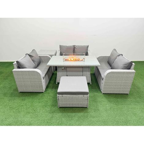 Fimous  7 Seater PE Wicker Rattan Furniture Sofa Sets with Firepit Dining Table 2 Seater Love Sofa Big Footstool Side Table Light Grey (1/4)
