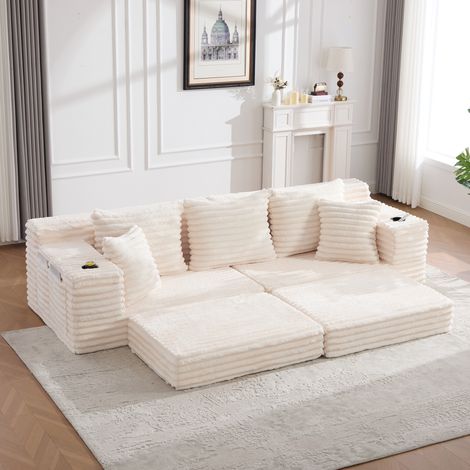 Canapé convertible en tissu côtelé beige 273x98x87 cm, dossier haut, poches latérales et porte-gobelets (1/5)