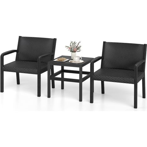 COSTWAY Tavolino e 2 Sedie in Rattan PP da Balcone, Set Giardino con Tavolino Quadrato e 2 Poltrone, Salotto da Esterno per Bordo Piscina (Nero) (1/5)