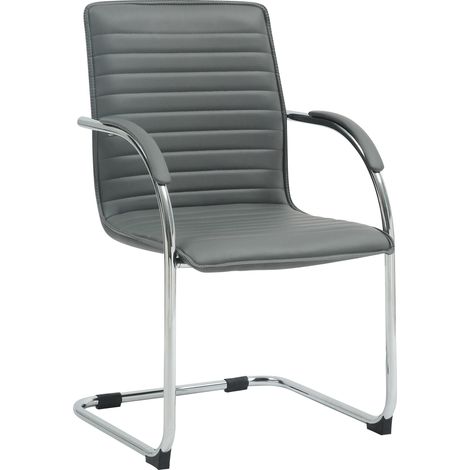 Chaise visiteur de bureau avec accoudoirs rembourrée en simili cuir gris avec piètement luge métallique 100008306