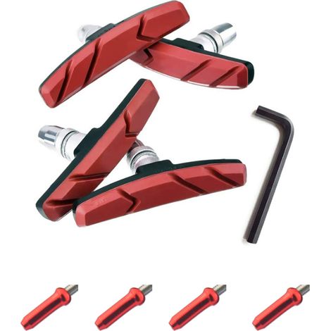 Plaquettes de frein pour vélo, 2 paires de plaquettes de frein V-brake, plaquettes de frein pour vélo de route, avec 4 capuchons de câble de frein rouges, convient aux VTT, clé Allen incluse. (1/5)