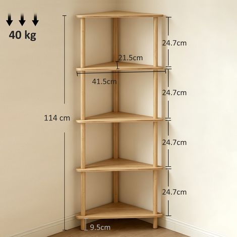Étagère d'angle en bambou à 5 niveaux (pour usage domestique, finition naturelle) (1/5)