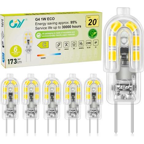 Lot de 6 - Ampoule G4 LED - Lampe 12V - Économie d'énergie Blanc Chaud 3000K Non-Dimmable Pour Cuisine Meuble Décoration 1W 173LM (1/5)