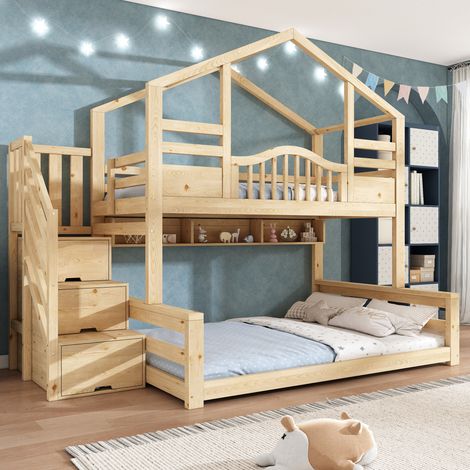 Cama litera infantil (254x145x206 cm), con escalera armario y estantes, madera, beige natural claro (1/5)