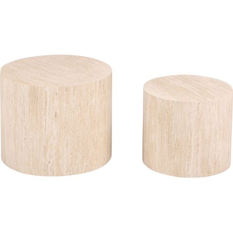 Set of 2 Coffee Tables Travertine Effect Tabletop Round Small and Medium Living Room Furniture MANTI