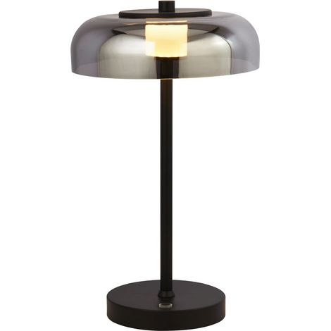 Lampe de table LED variateur tactile métal verre fumé D : 23 cm rond 39 cm noir gris fumée