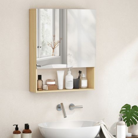 Armoire mural salle de bain en MDF et panneau particules chêne, porte miroir avec étagère ouverte