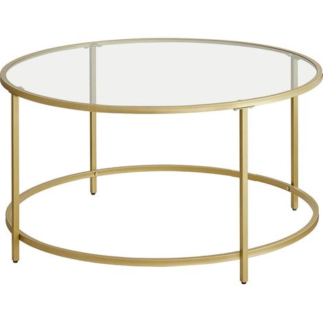 Mesa de centro redonda con tablero de cristal templado 84 x 84 x 45,5 cm estructura de metal dorado mesa auxiliar/de salón robusta y estable acabado dorado decorativo 120007458