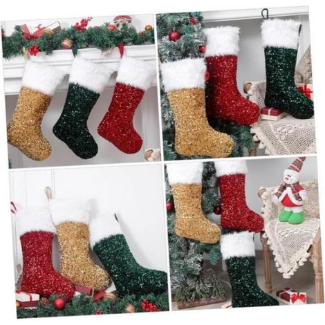 2 Paires Chaussettes de Noël, Tissu Rouge et Vert, 49x22 CM, Décoration Intérieure, Sacs Cadeaux (1/4)