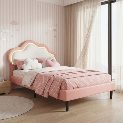 Letto singolo 90x200 con rete a doghe e illuminazione LED, letto per bambini, testiera regolabile a forma di nuvola, per ragazze e adolescenti, stile moderno principessa(90x200cm, Rosa)