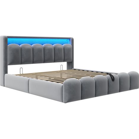 Polsterbett 180x200 cm aus grauem Samt mit LED, USB-C und Bettkasten MODENUIT (1/5)