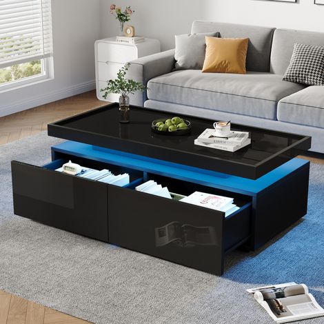 Table basse LED 95 x 45 x 35 cm avec 2 tiroirs, plateau laqué noir DESVIAE (1/5)