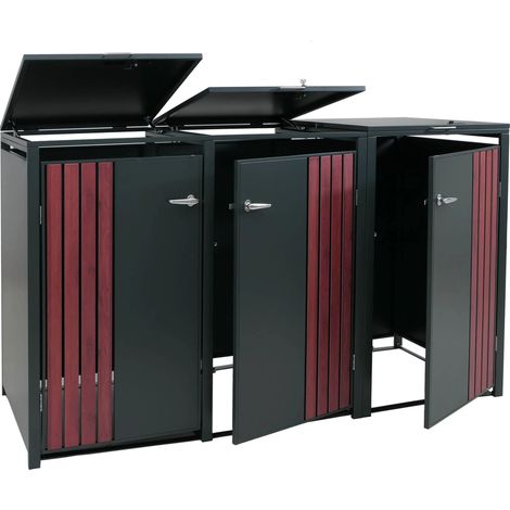 Cache-poubelles pour 3 bacs avec couvercle abri pour poubelles en métal avec ouverture par le haut 122x200x84 cm anthracite aspect bois foncé 040009346