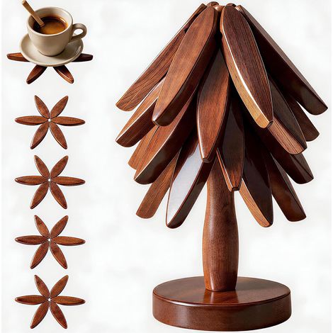 Set de 4 dessous-de-plat pliables en bois de noyer avec support, pour plats chauds, coloris noyer (1/5)