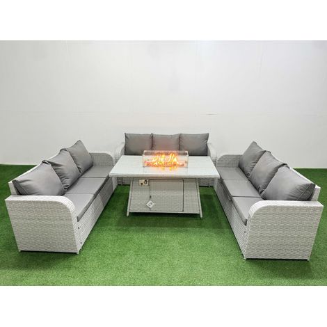 Fimous PE Rattan Lounge Sofa Set 9 Seater Outdoor Garden Furniture Set with Firepit Dining Table 3 Seater Sofa Light Grey (1/4)