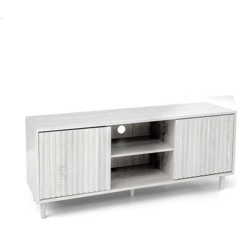Mueble TV moderno blanco de 120 x 30 x 50 cm con dos puertas y estantes centrales