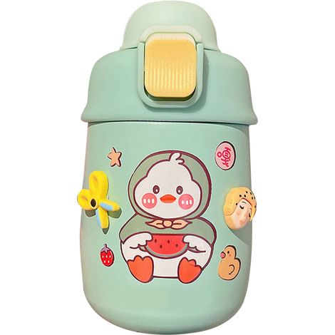 Gourde isotherme mignon avec paille et corde, stickers aléatoires, gobelet en acier inoxydable pour enfant, école, vert avec accessoire surprise 330ml (1/5)